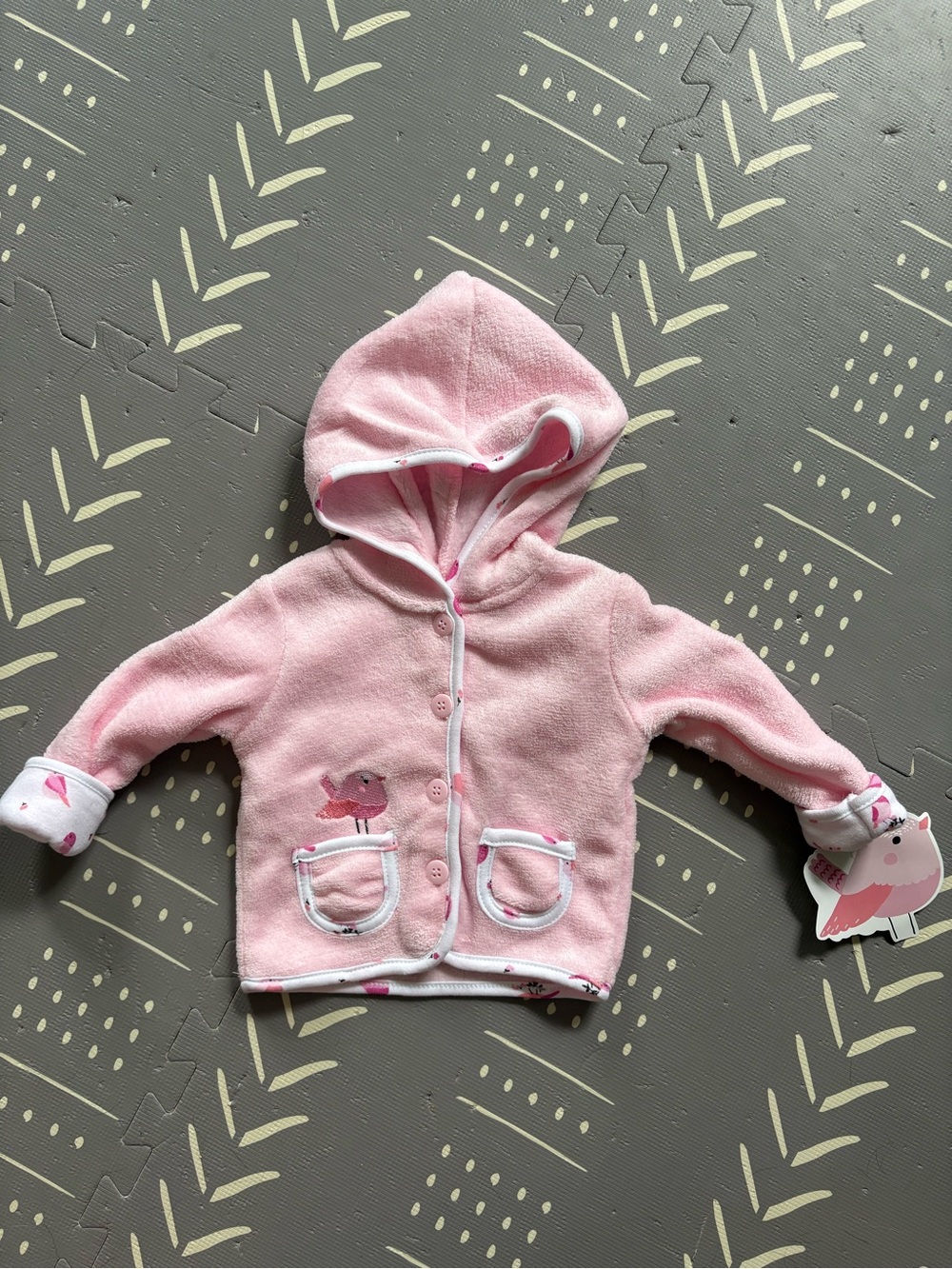 Pink Hooded Baby Jacket with Bird Detail